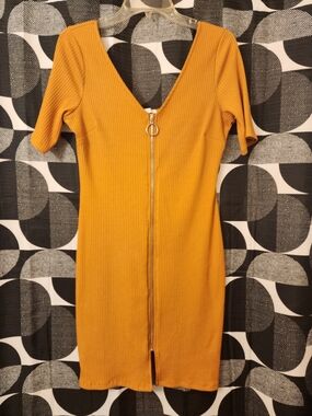 Iris Mustard Ribbed Zip-Front Mini  Dress